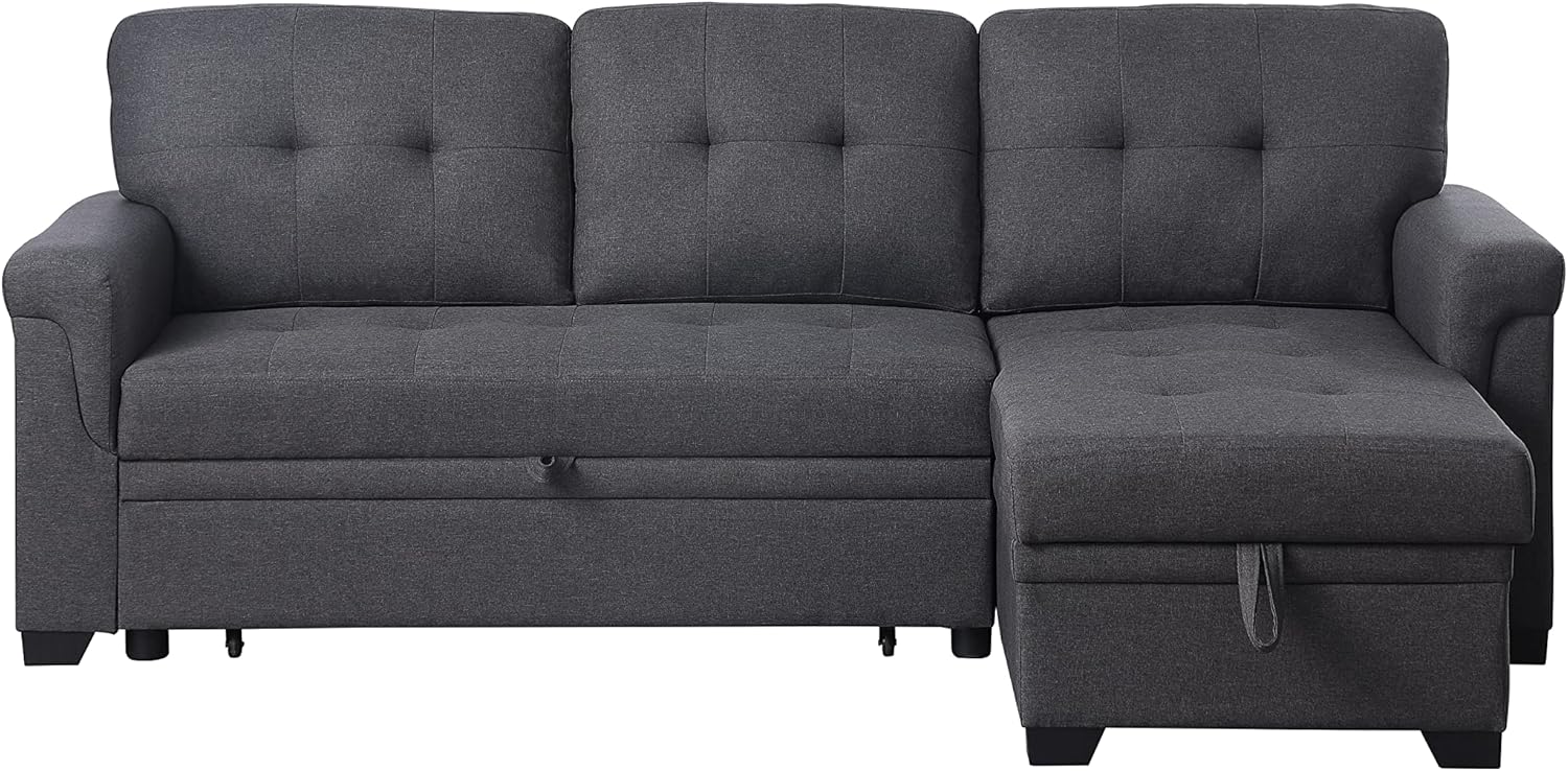 84'' L-Shape Convertible Sleeper Sectional Sofa with Storage Chaise and Pull-Out Bed, Dark Gray B285552