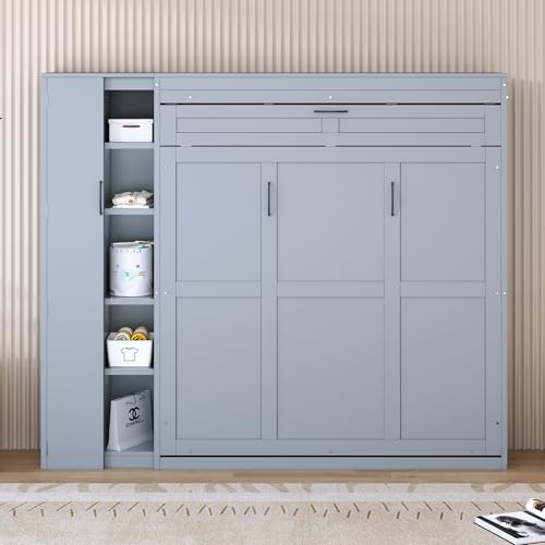 White Solid Wood Murphy Wall Bed with Storage and Bookcase Headboard H113