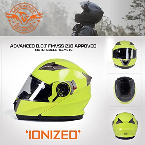 Neon Yellow Motorcycle Modular Helmet with Drop Down Visor K37827