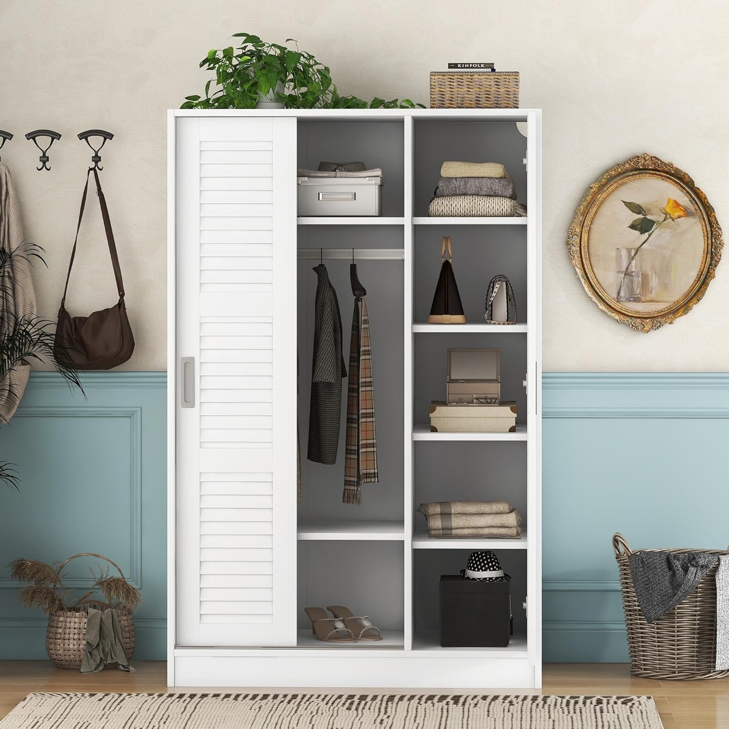 White 3 Doors Wood Wardrobe with Shelves and Hanging Rail J391830