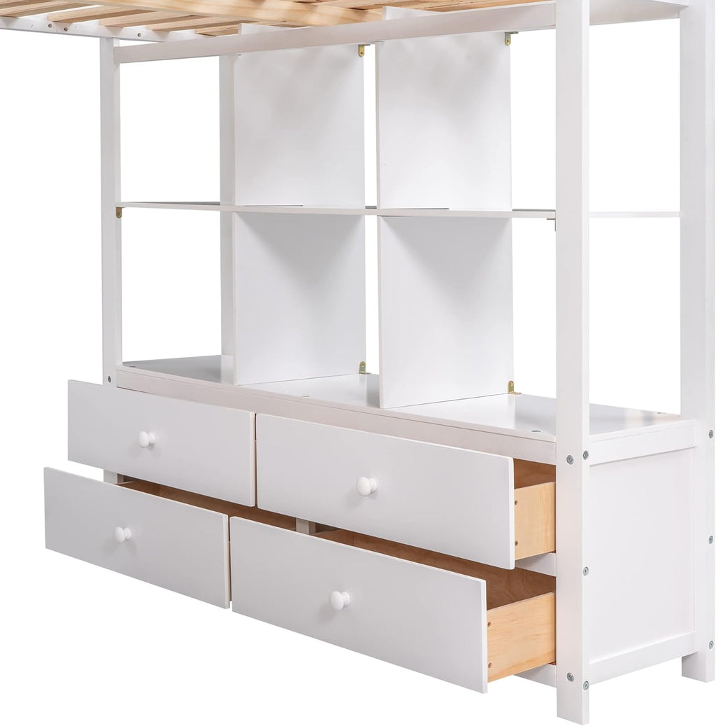 White Wooden Loft Bed with Built-in Desk and Two Drawers H377687
