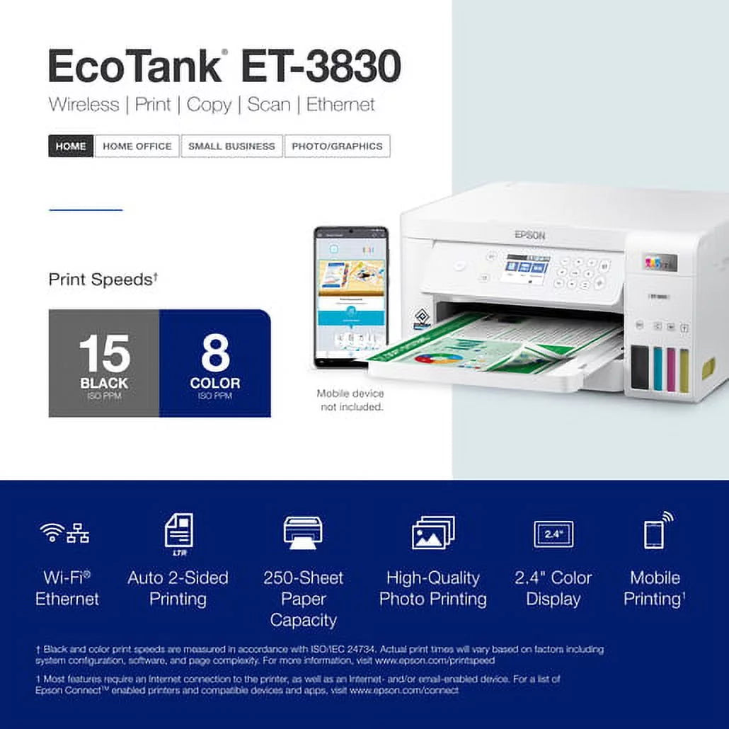 EcoTank ET-3830 Wireless Color All-in-One Supertank Printer with Scan, Copy, Auto 2-sided Printing and Ethernet R102