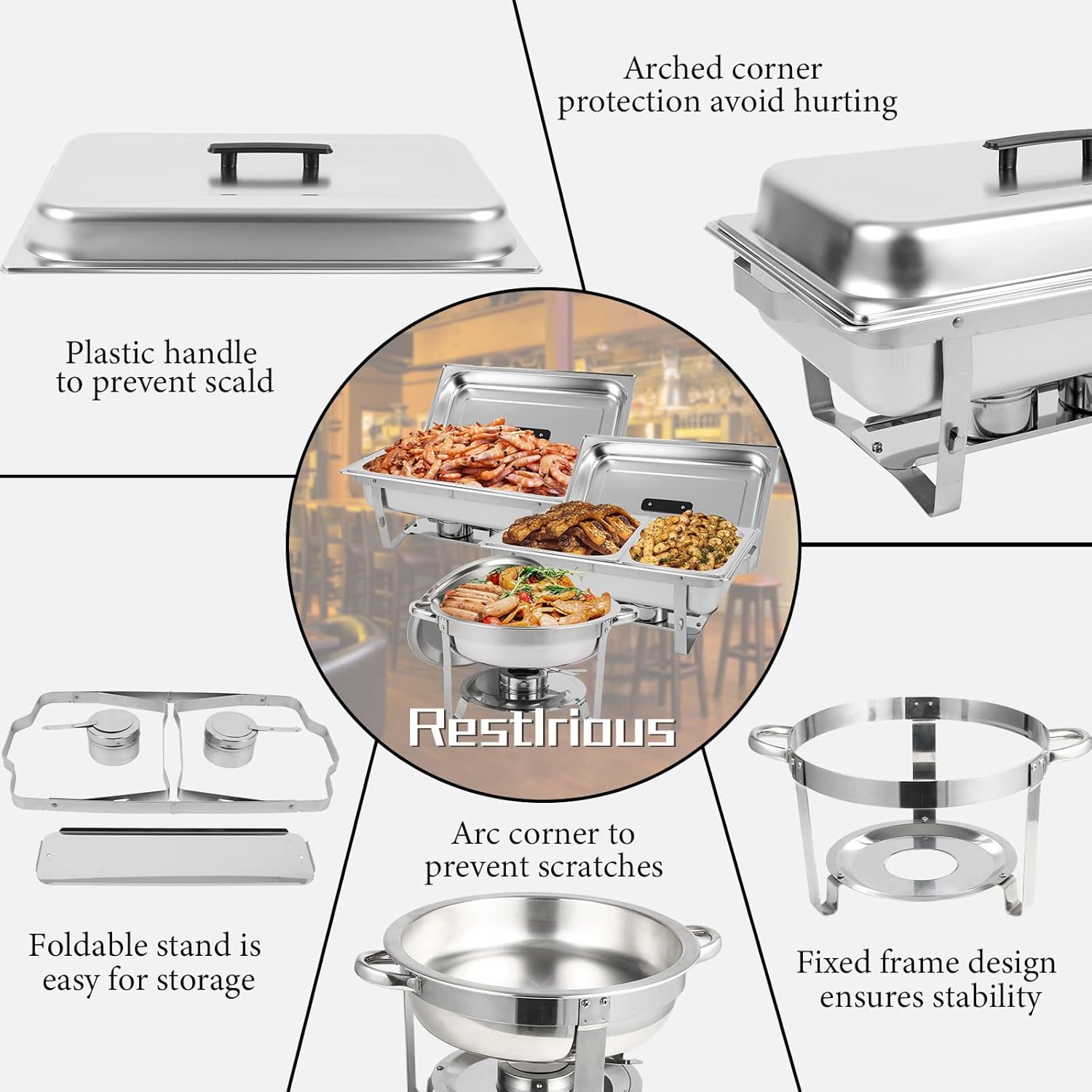 5 Pk Stainless Steel Chafing Dish Set with Full & Half Size Food Pan L467190