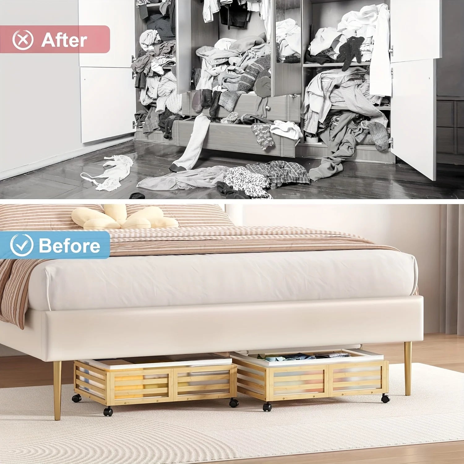 2-Pack Bamboo Under-Bed Storage Bins with Wheels D124088