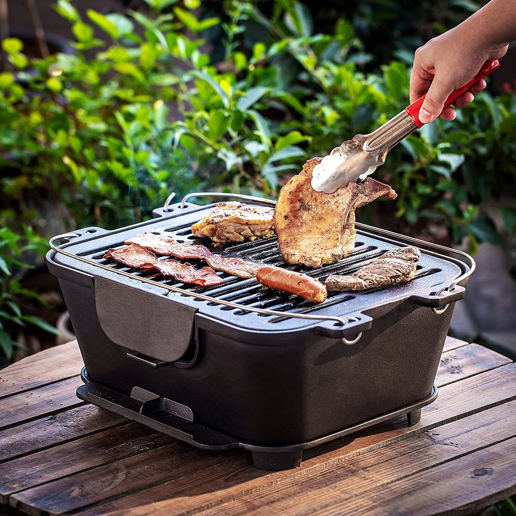 Pre-Seasoned Portable Cast Iron Charcoal Rectangle BBQ Grill, 14" x 12" Grilling Surface B75895