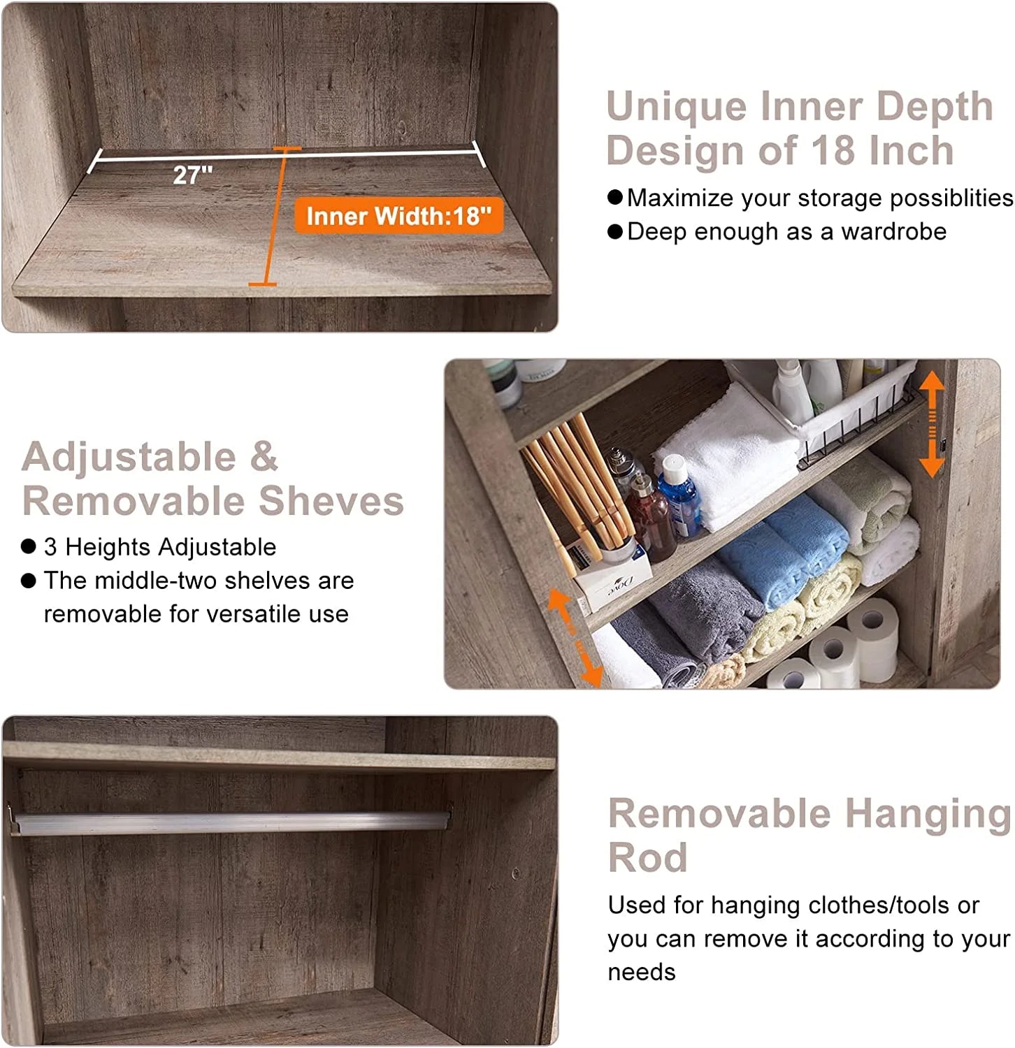 Light Rustic Oak Kitchen Pantry Storage Cabinet with Barn Door and Hanging Rod Y50347