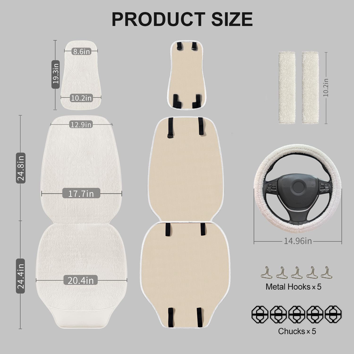 2 Pack White Faux Sheepskin Car Front Seat Cover Set with Steering Wheel Cover and Seat Belt Pad R74375