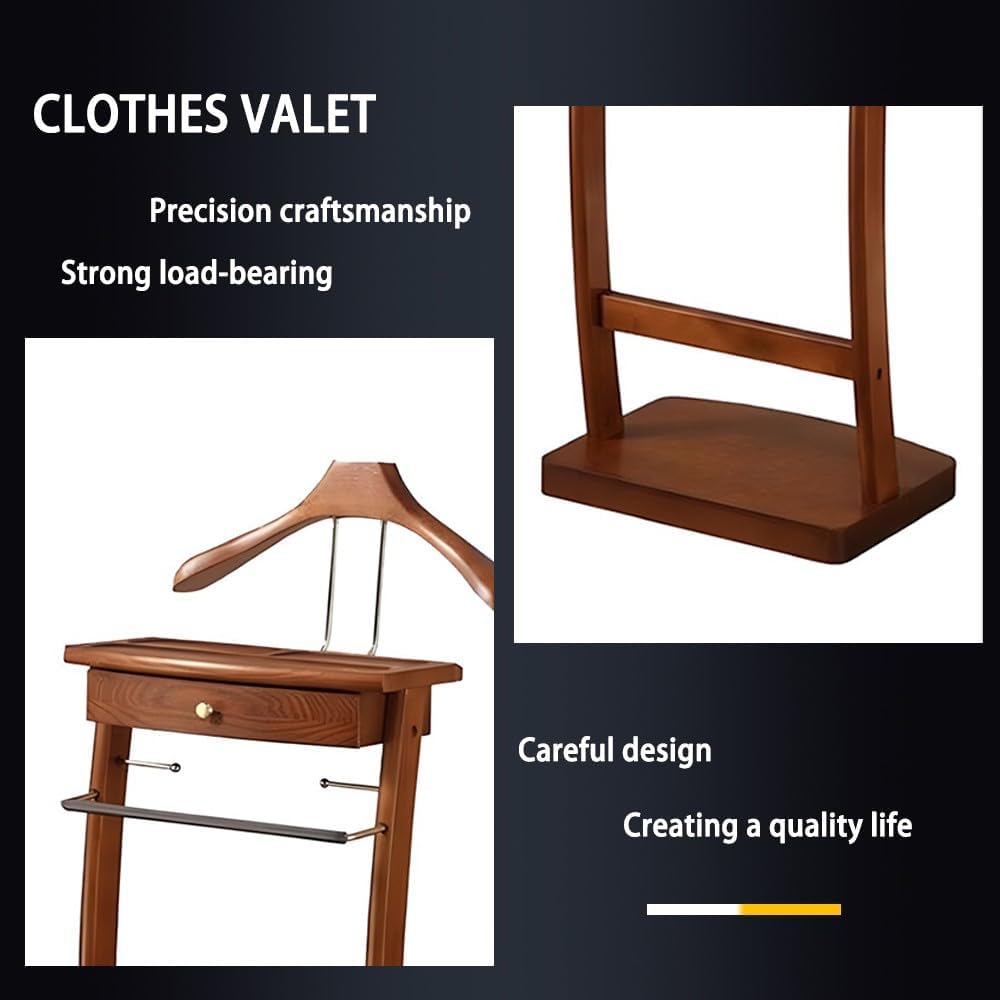 Solid Wood Suit Rack with Pants Bracket, Metal Valet Stand with Heavy Base, Wooden Clothes Valet with Tie Holder G1920