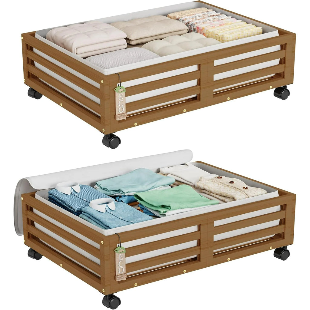 2 Pack Bamboo Under Bed Storage Containers with Wheels S444