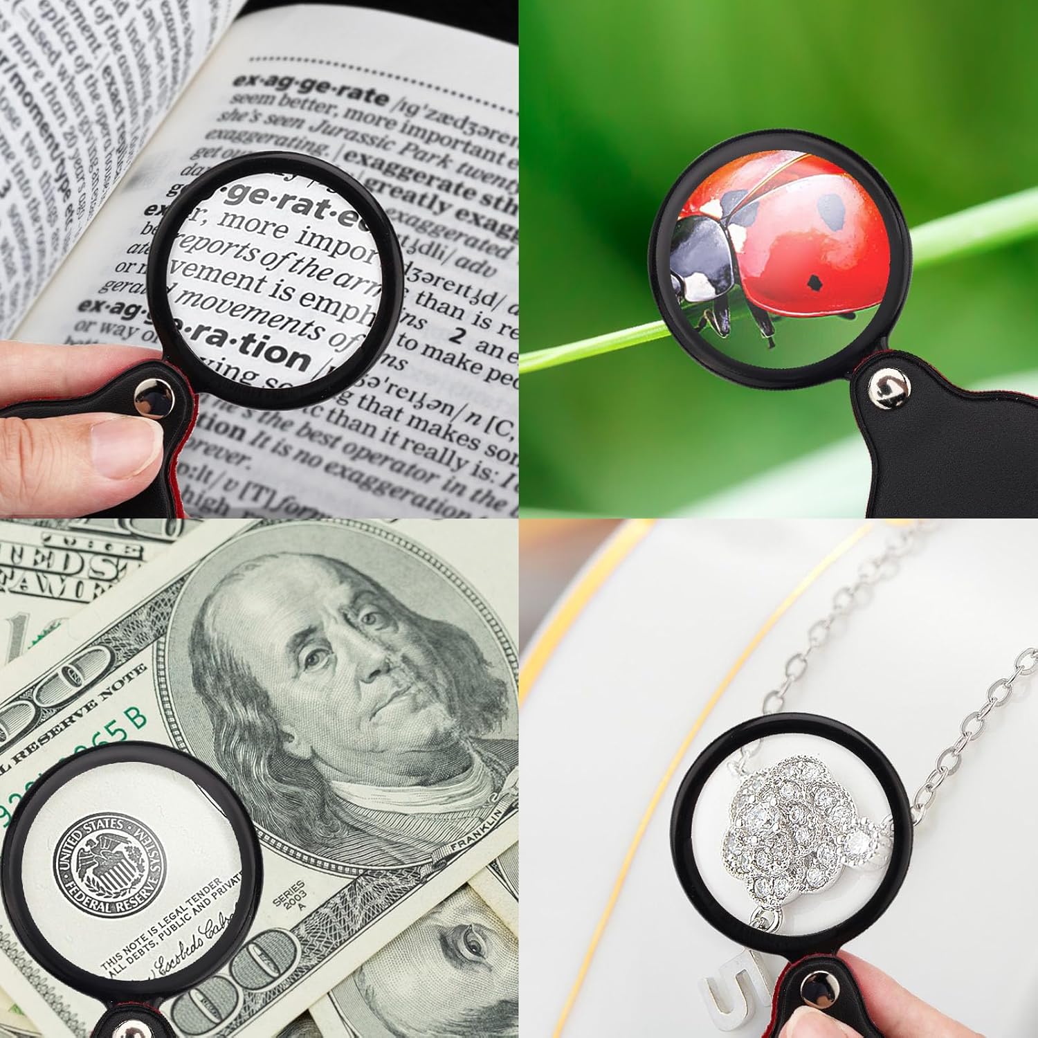 5pcs 10x Mini Magnifier, 2.1" Pocket Magnifying Glass with Rotating Protective Leather Sheath G749