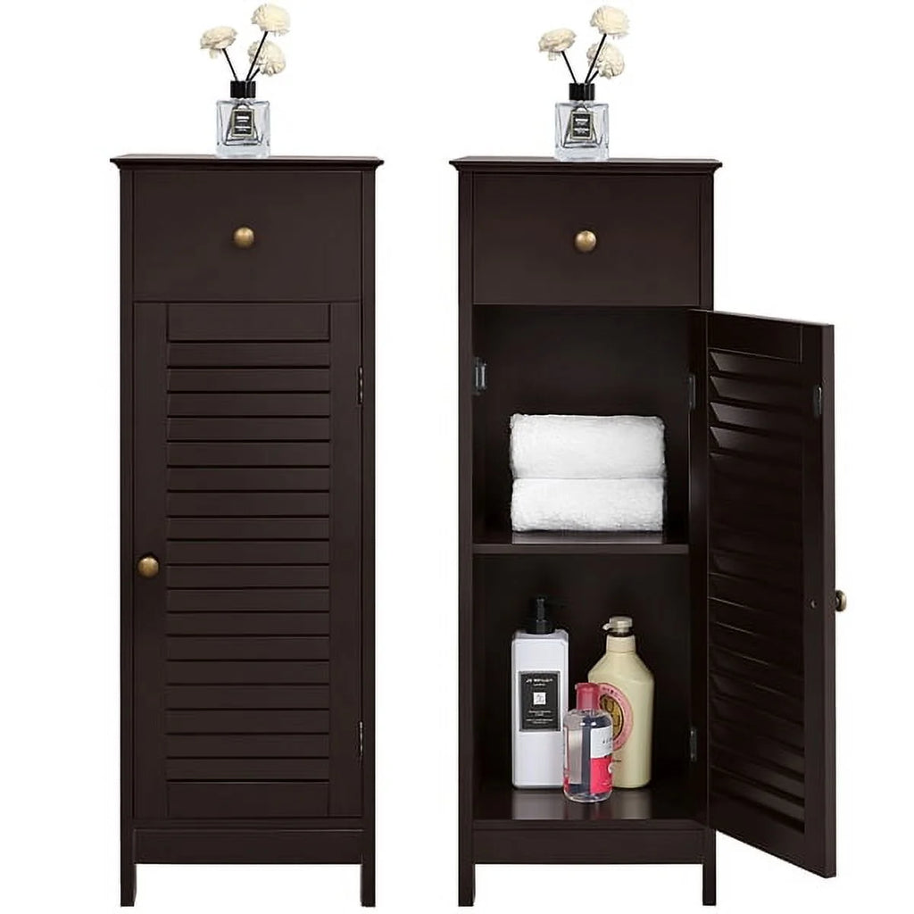 Espresso Wooden Bathroom Floor Storage Cabinet with Drawer and Single Shutter Door C670513