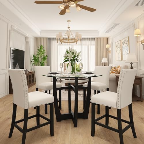 Ivory White Set of 2 Glass Counter Height Bar Stools with Upholstered Back K3667