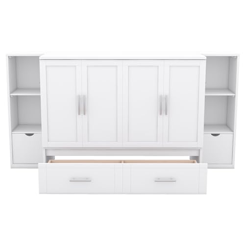 White Solid Wood Murphy Wall Bed with Storage and Bookcase Headboard H113