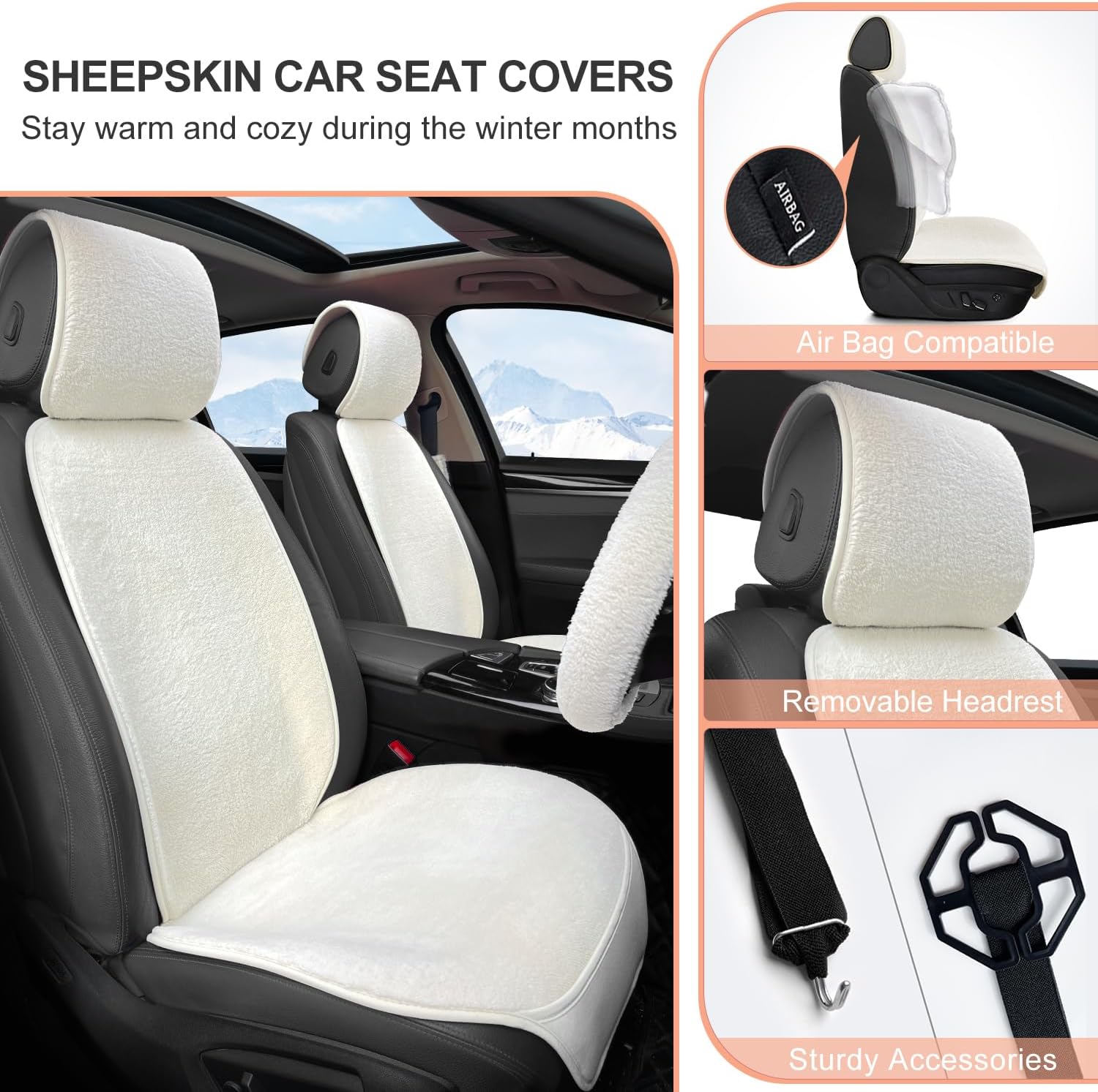 2 Pack White Faux Sheepskin Car Front Seat Cover Set with Steering Wheel Cover and Seat Belt Pad R74375