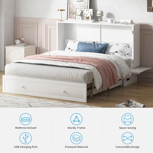 White Queen Cabinet Bed with Tri-fold Mattress Z11196