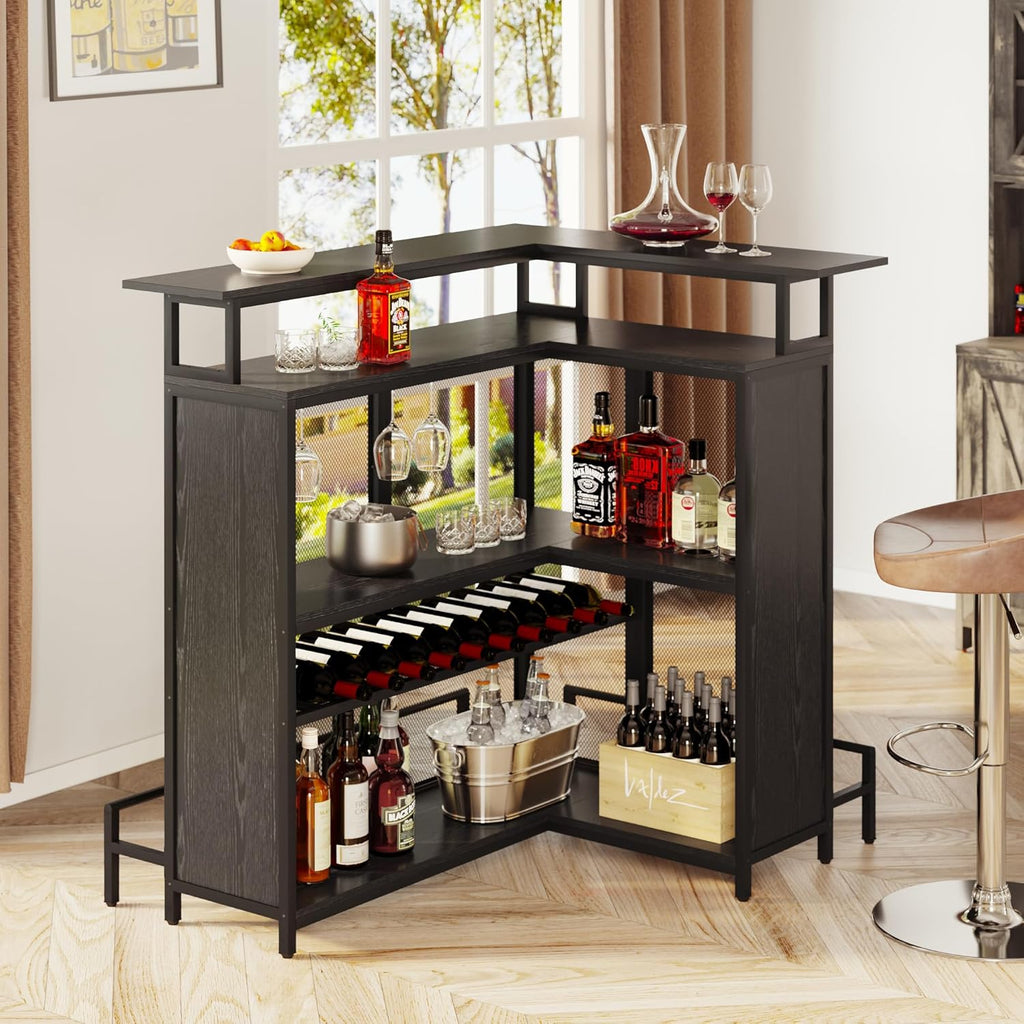Black L Shaped Mini Home Bar Unit with Music Sensing LED Light, Tall Bars Furniture Table with Wine Rack Alcohol Storage Glasses Hanger Footrest E3108