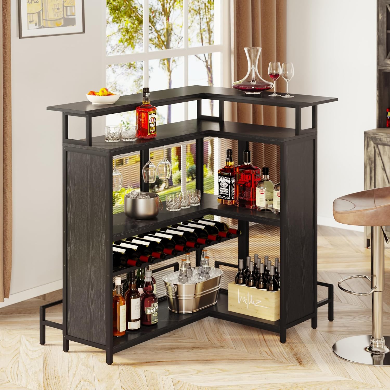 Black L Shaped Mini Home Bar Unit with Music Sensing LED Light, Tall Bars Furniture Table with Wine Rack Alcohol Storage Glasses Hanger Footrest E3108