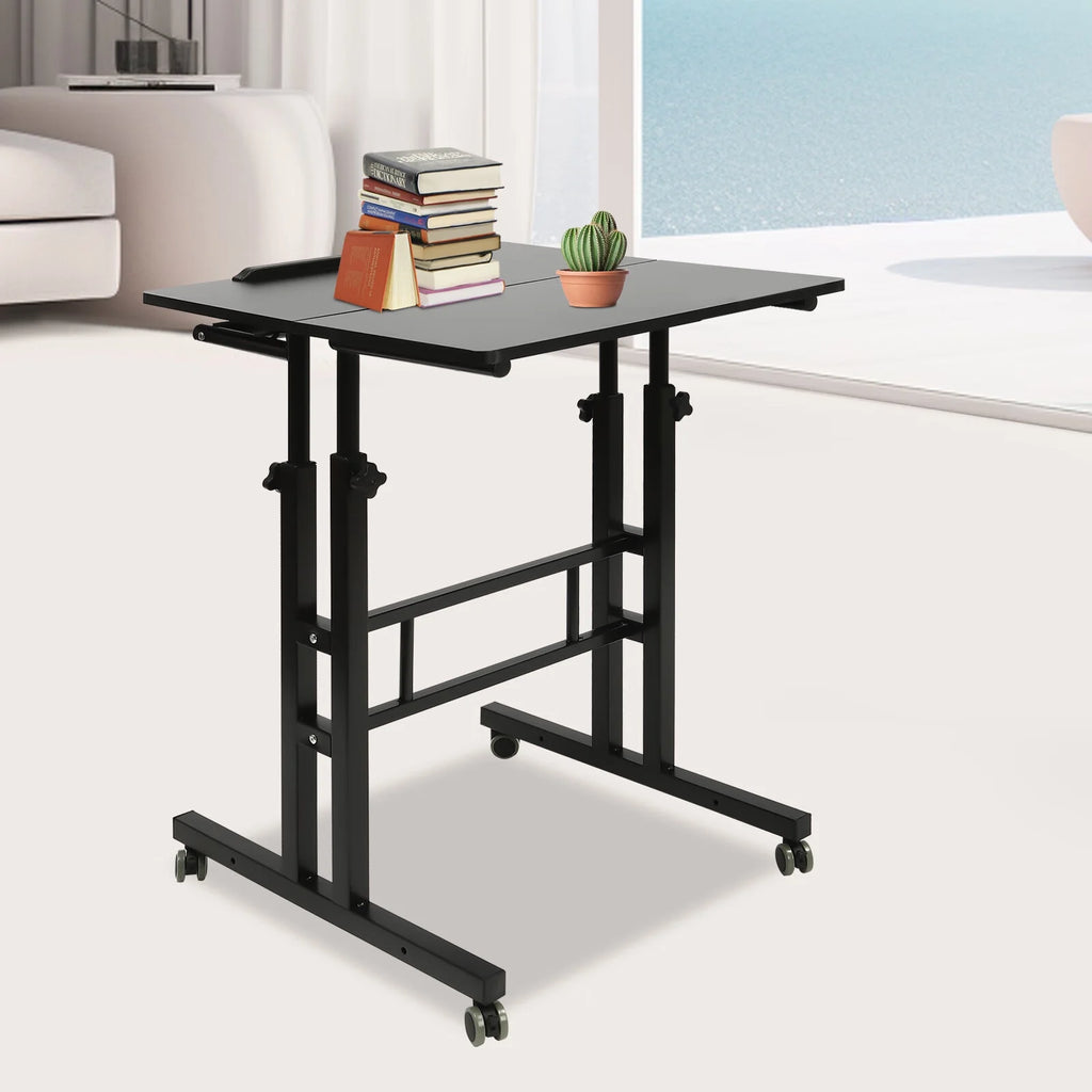 24" Mobile Stand Up Desk Adjustable Height Small Storage Desk with Wheels Black Q8598