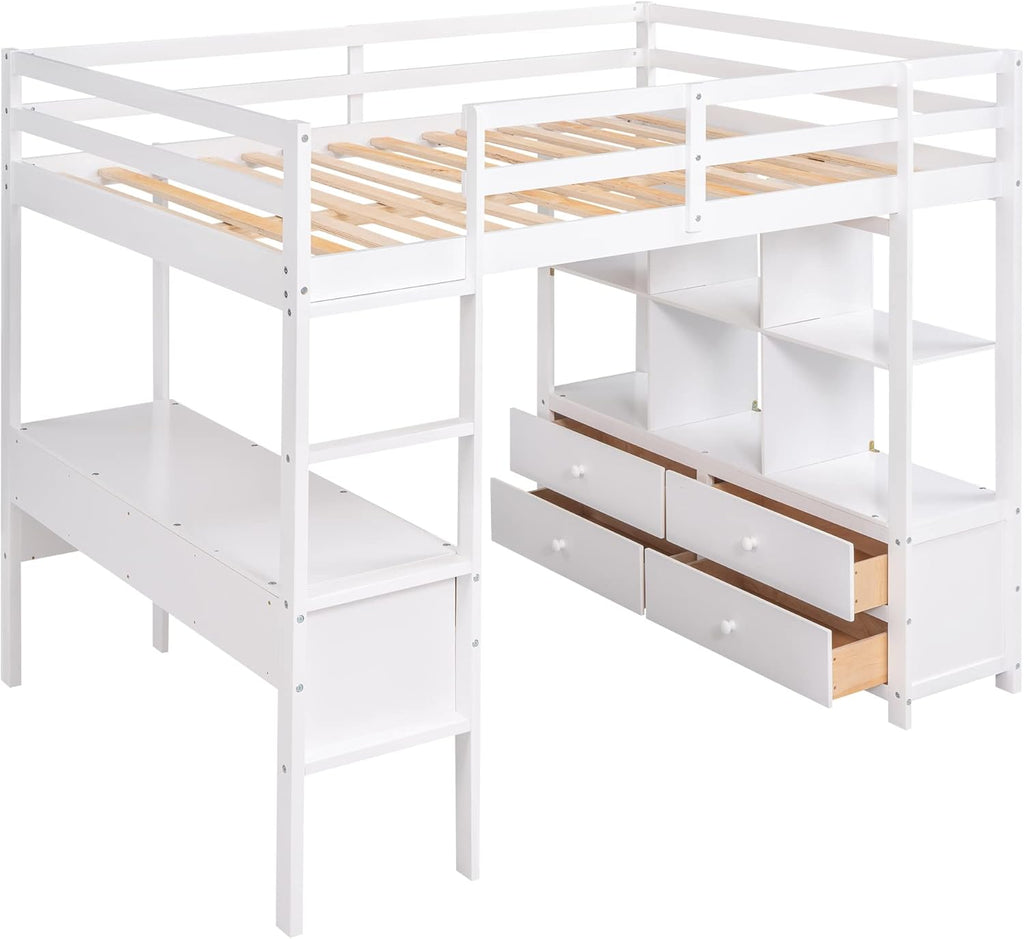 White Wooden Loft Bed with Built-in Desk and Two Drawers H377687
