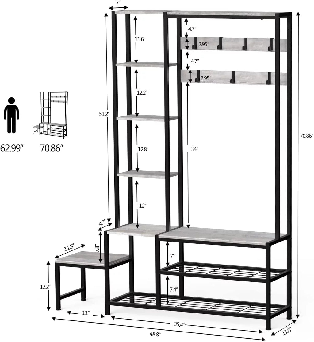 Hall Tree with Shoe Storage Bench, Coat Rack with 7 Hooks, 4 Tier Side Shelves C1674