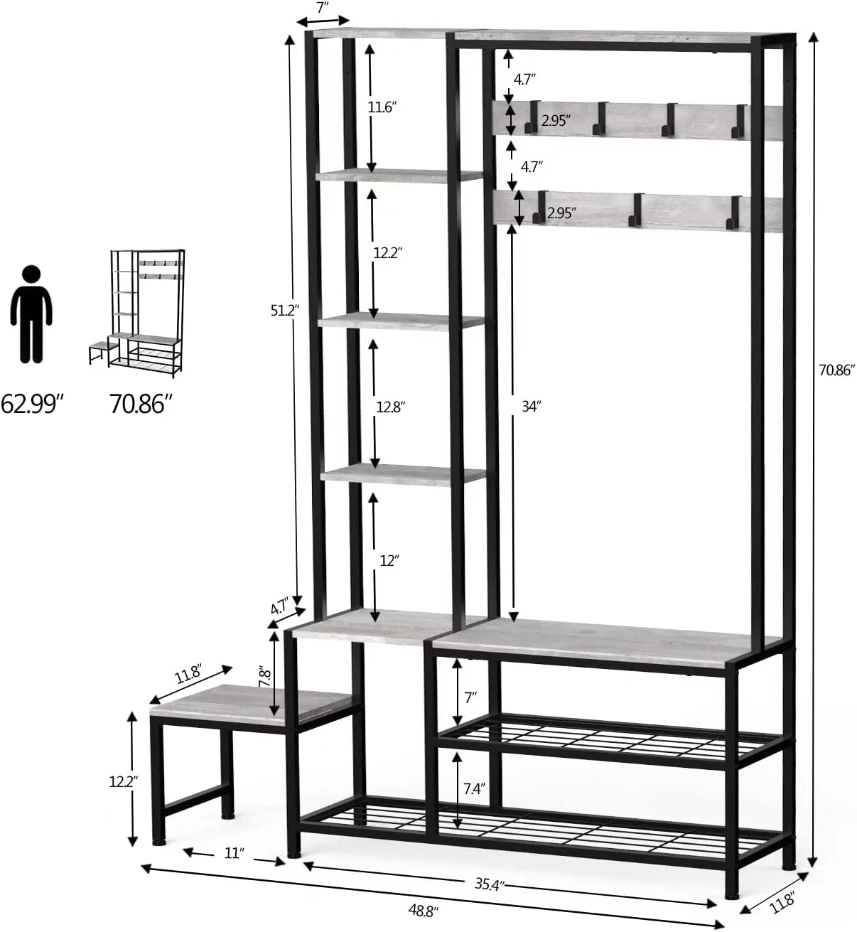 Hall Tree with Shoe Storage Bench, Coat Rack with 7 Hooks, 4 Tier Side Shelves C1674