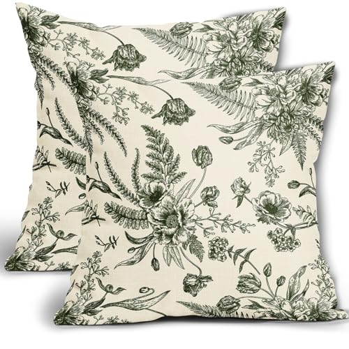 Dark Green Cream Flowers 20x20 Inch 2 Packs Throw Pillow Covers U6910