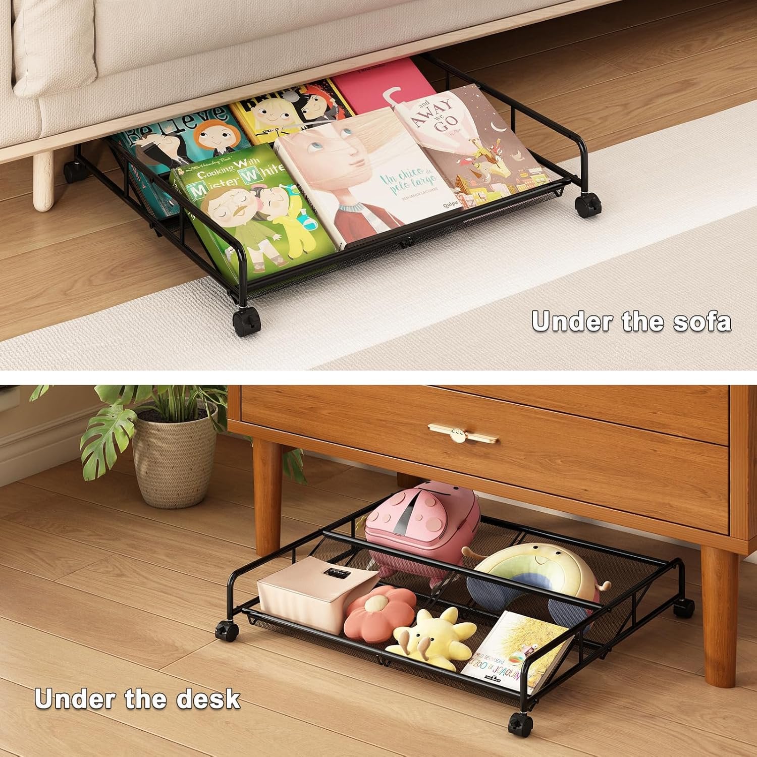 2 Pack Metal Mesh Under Bed Shoe Storage Organizer with Wheels D976