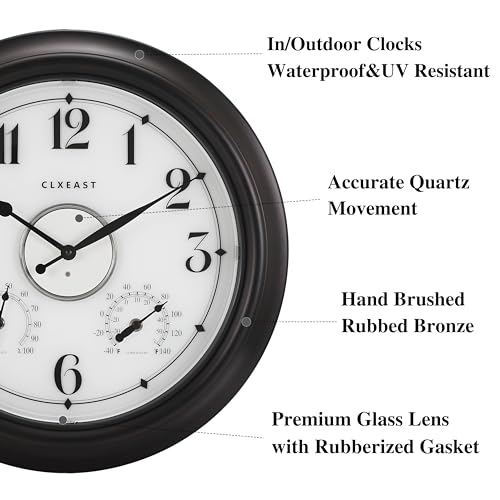 Illuminated Outdoor Clocks Waterproof 18 inch with Smart Sensor, Large Outdoor Clock with Thermometer & Hygrometer, Oil Rubbed Bronze Black H7723