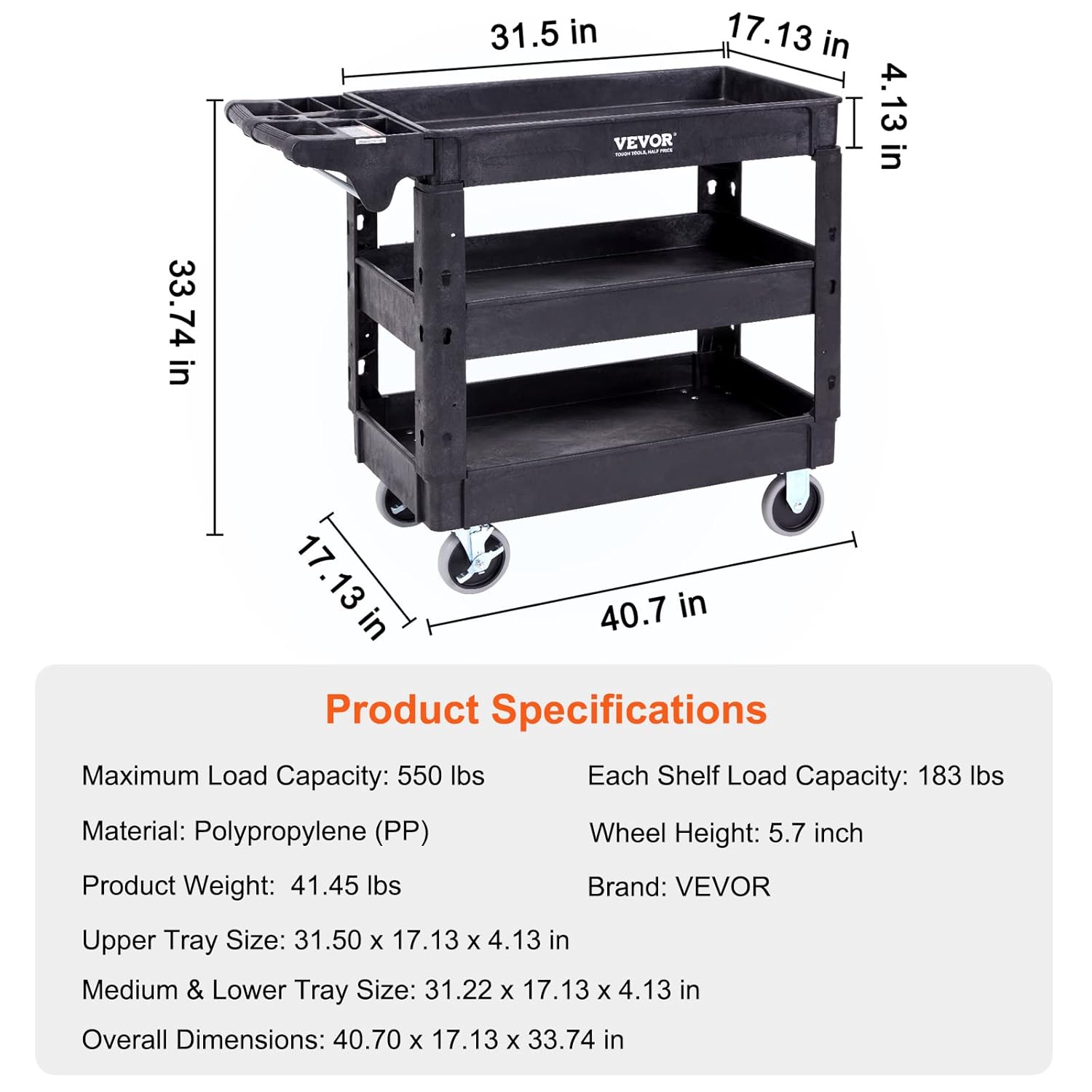 Black 3 Shelf Heavy Duty Utility Cart with Swivel Wheels G4780