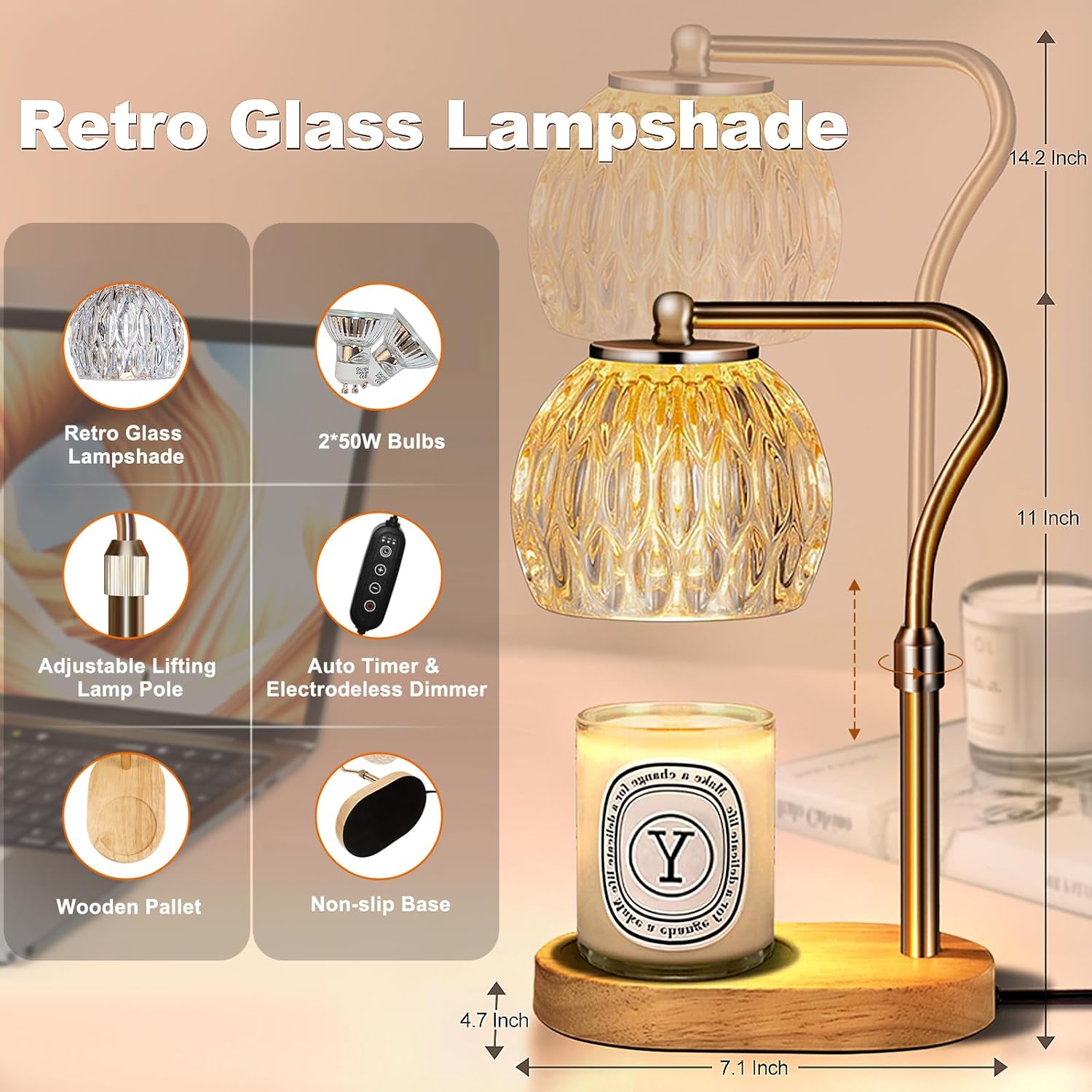 Candle Warmer Lamp with Timer & Dimmer, Height Adjustable, 2 Bulbs, Glass Shade T59134