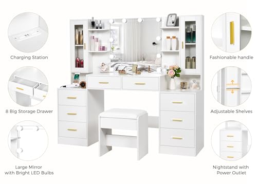 White Large Vanity Desk with Mirror and Lights 8 Drawers C6305