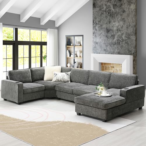 Dark Gray Chenille 6-Seat Sectional Sofa with Cup Holders T597872