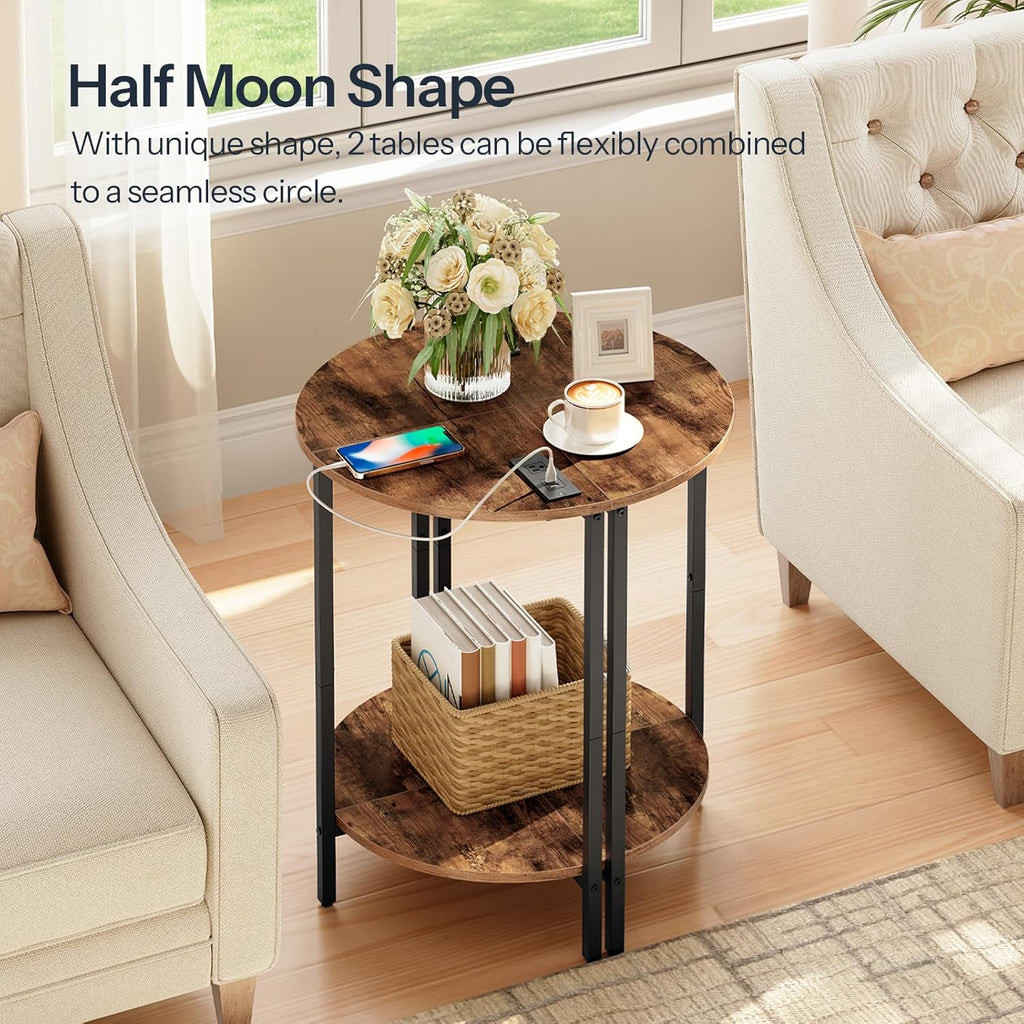 Rustic Brown and Black Half Moon Table with Charging Station I90872