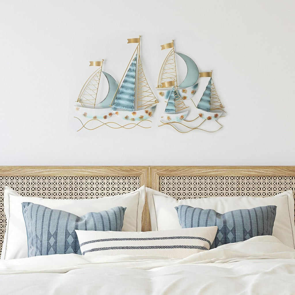 Set of 2 Blue Metal Sail Boat Wall Sculpture H3605