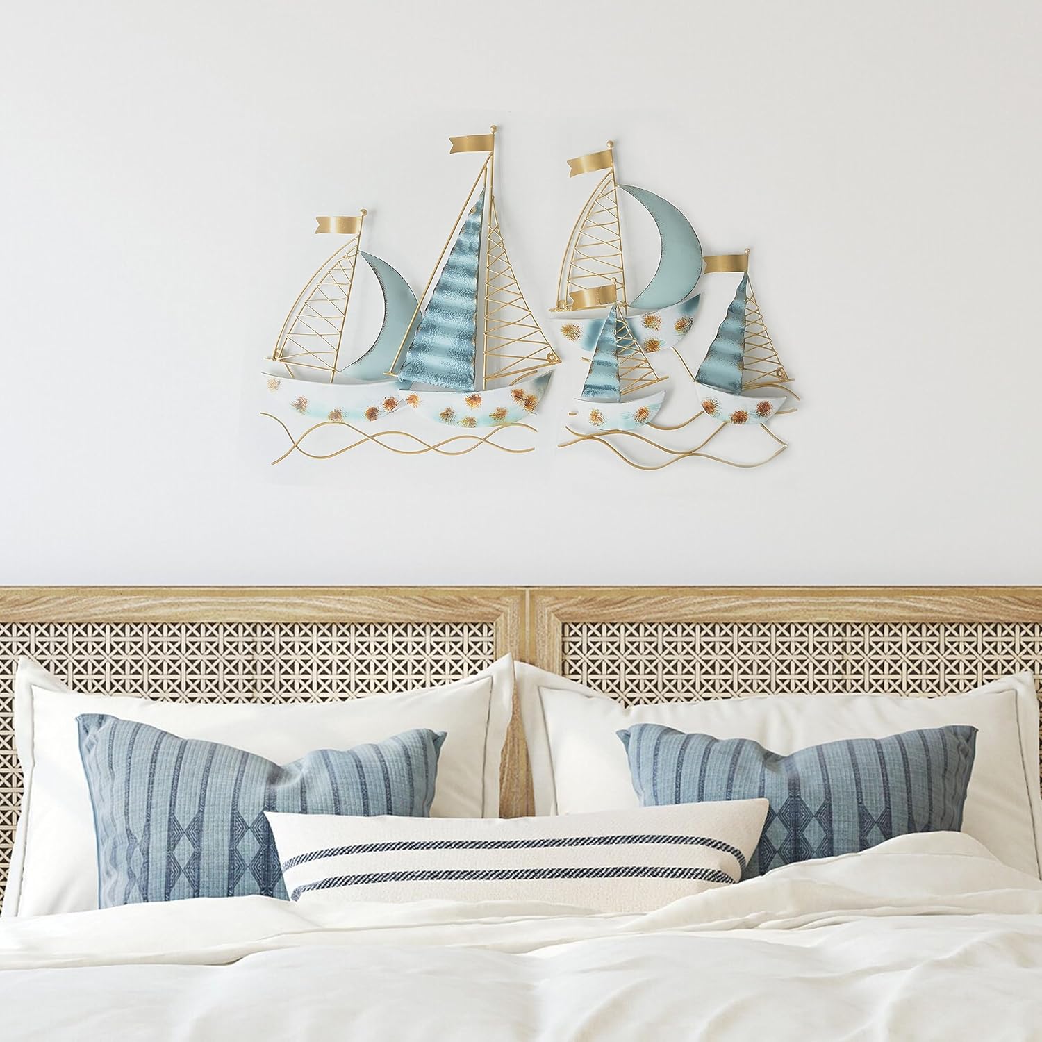 Set of 2 Blue Metal Sail Boat Wall Sculpture H3605
