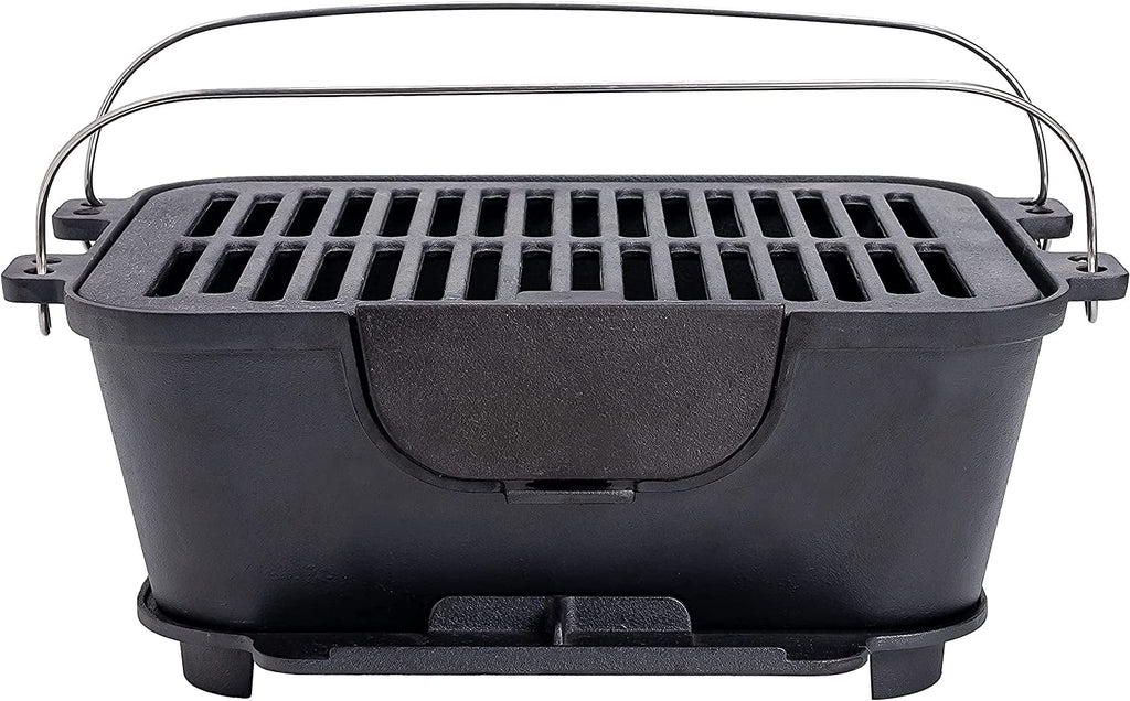 Pre-Seasoned Portable Cast Iron Charcoal Rectangle BBQ Grill, 14" x 12" Grilling Surface B75895