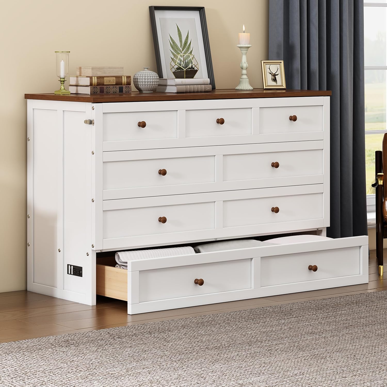 White+Walnut Full Size Murphy Bed with Large Drawer W2039