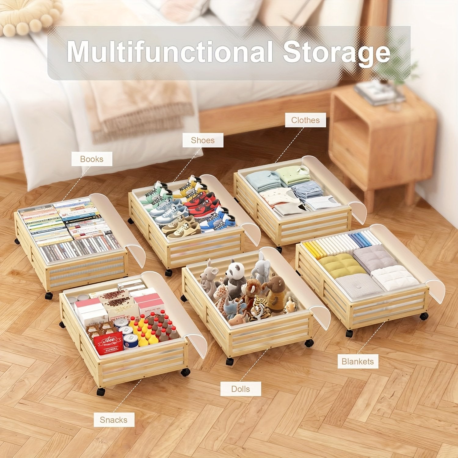 2-Pack Bamboo Under-Bed Storage Bins with Wheels D124088
