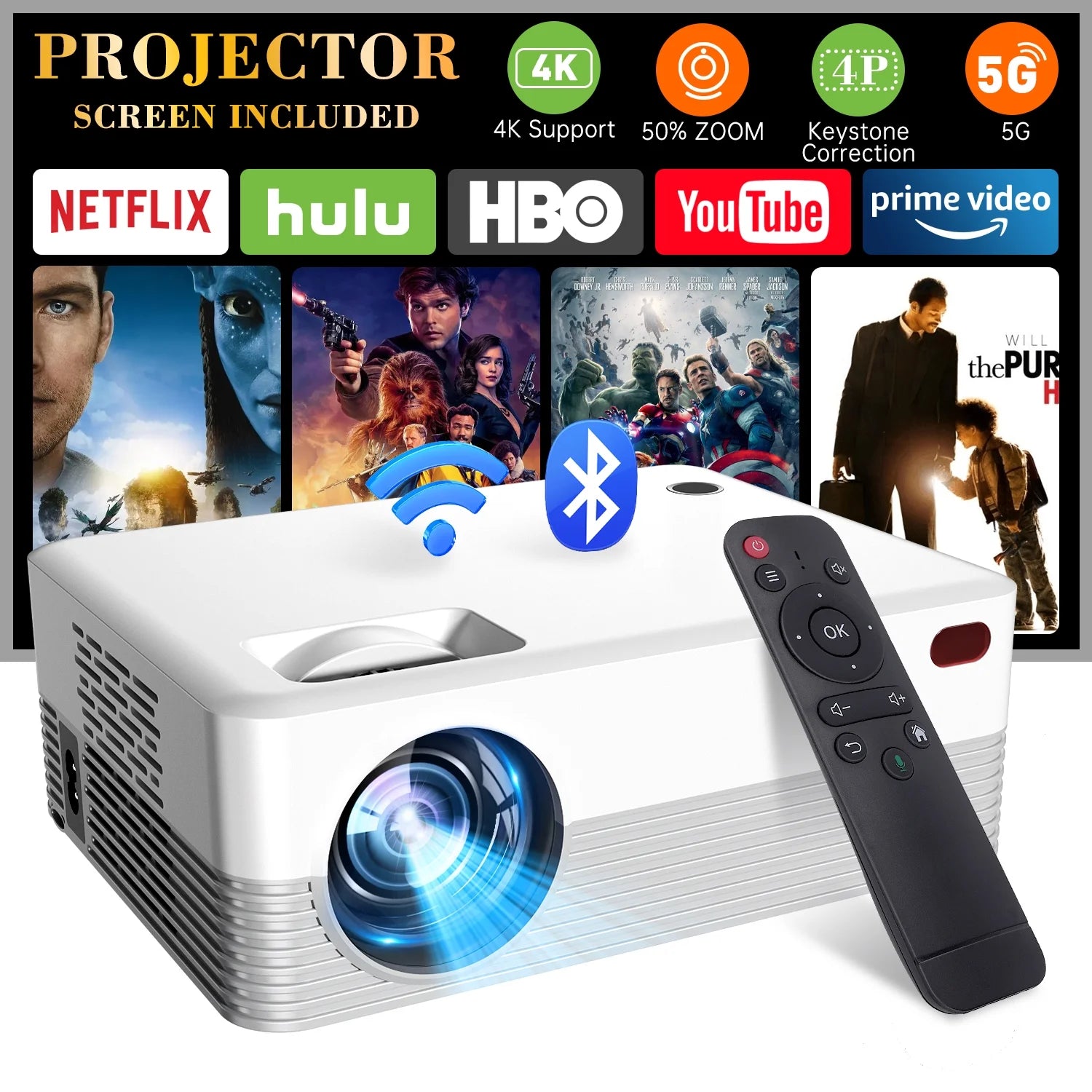 5G WIFI Bluetooth Mini Projector with Native 1080p Support 4k resolution Z51337
