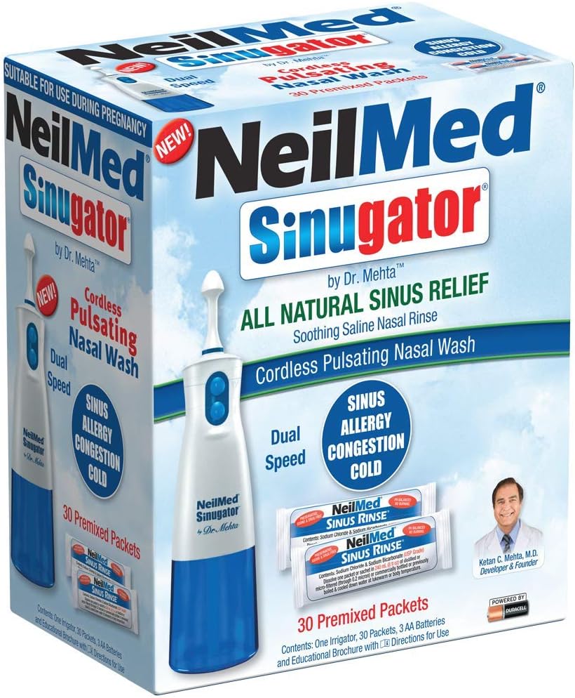 Cordless Pulsating Nasal Wash Kit with 30 Premixed Packets and 3 AA Batteries C401