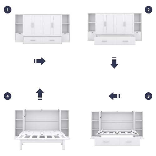 White Solid Wood Murphy Wall Bed with Storage and Bookcase Headboard H113