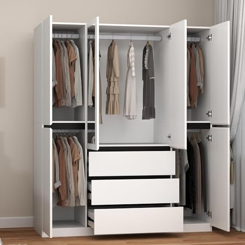 White 4 Door Wooden Armoire Wardrobe with Mirror F4543