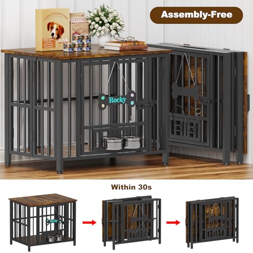 Rustic Brown Wooden Dog Crate Furniture with Adjustable Bowls R6620