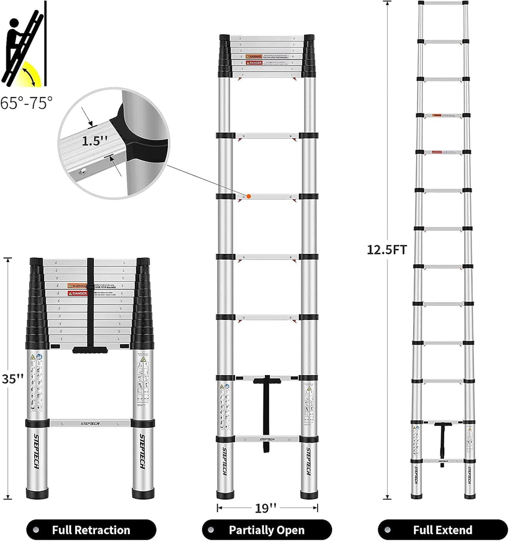 Telescoping Ladder 9.5 ft Aluminum Anti-Pinch Collapsible Ladder 330 lbs Capacity D94839