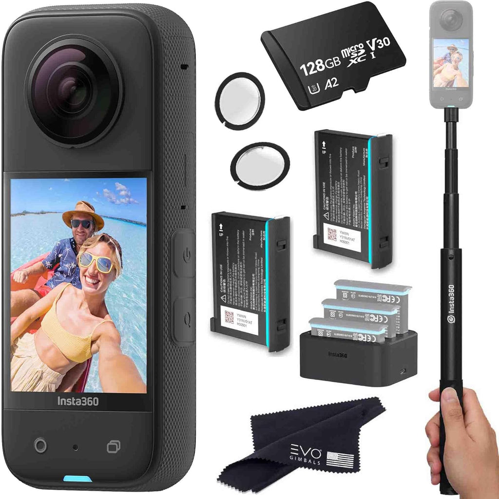 Black Waterproof 360 Action Camera Bundle with Extra 2 Batteries, Charger, Invisible Selfie Stick, Lens Guard & 128GB Memory Card G4141