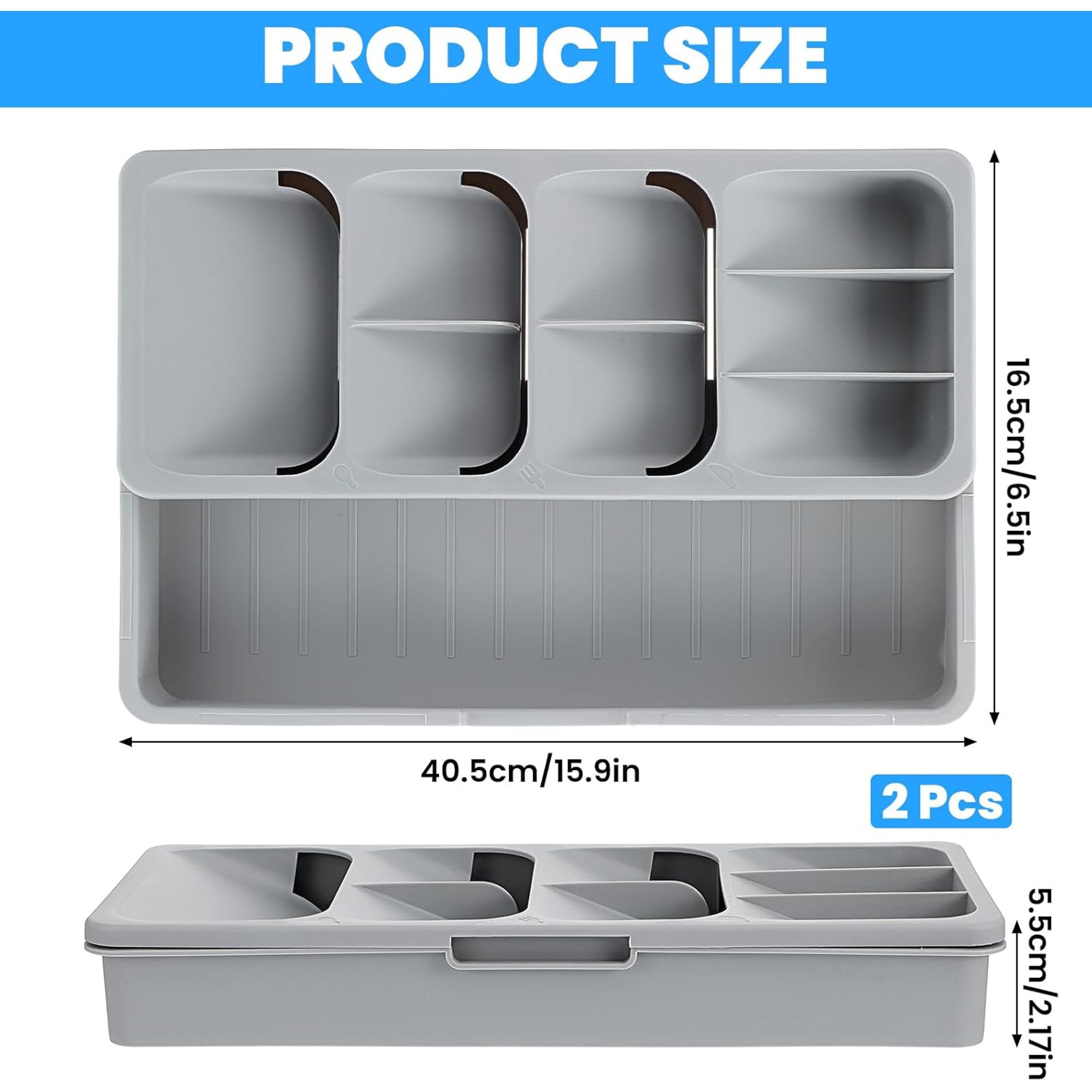 2 Pcs Expandable Gray Kitchen Drawer Organizer E1637