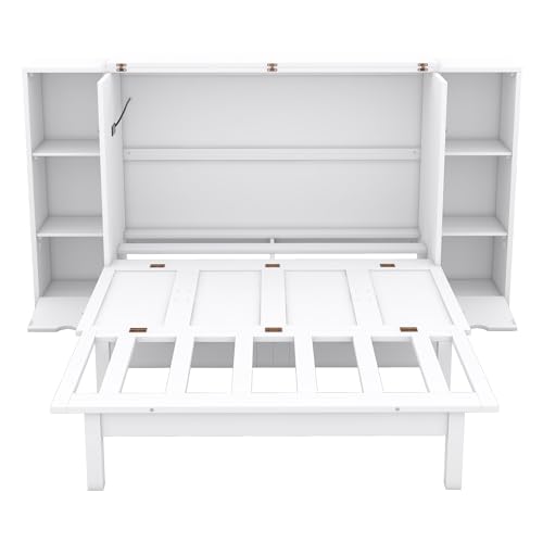 White Solid Wood Murphy Wall Bed with Storage and Bookcase Headboard H113