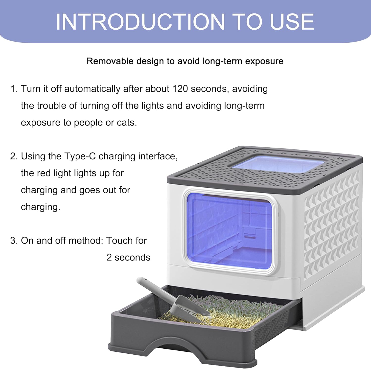 Foldable Enclosed Plastic Cat Litter Box with Litter Scoop (Light Gray) F80548