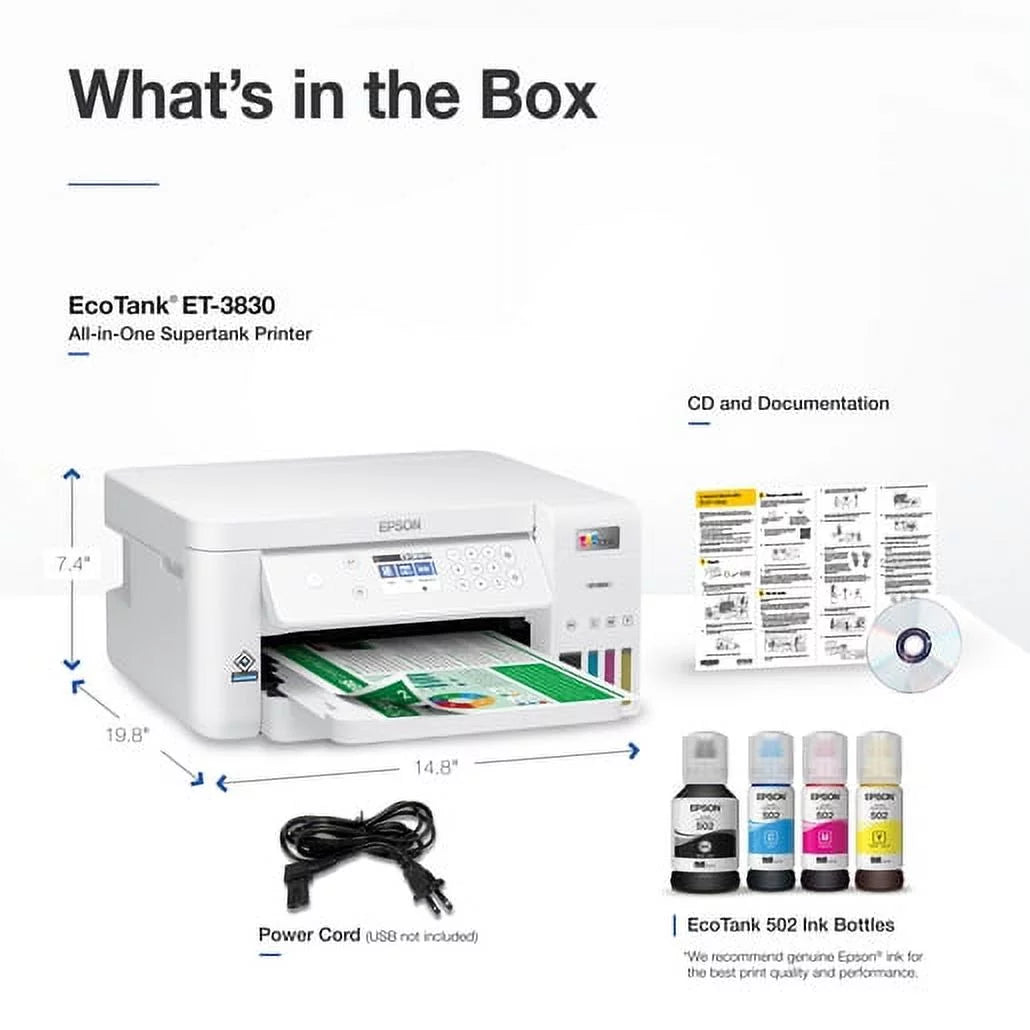 EcoTank ET-3830 Wireless Color All-in-One Supertank Printer with Scan, Copy, Auto 2-sided Printing and Ethernet R102