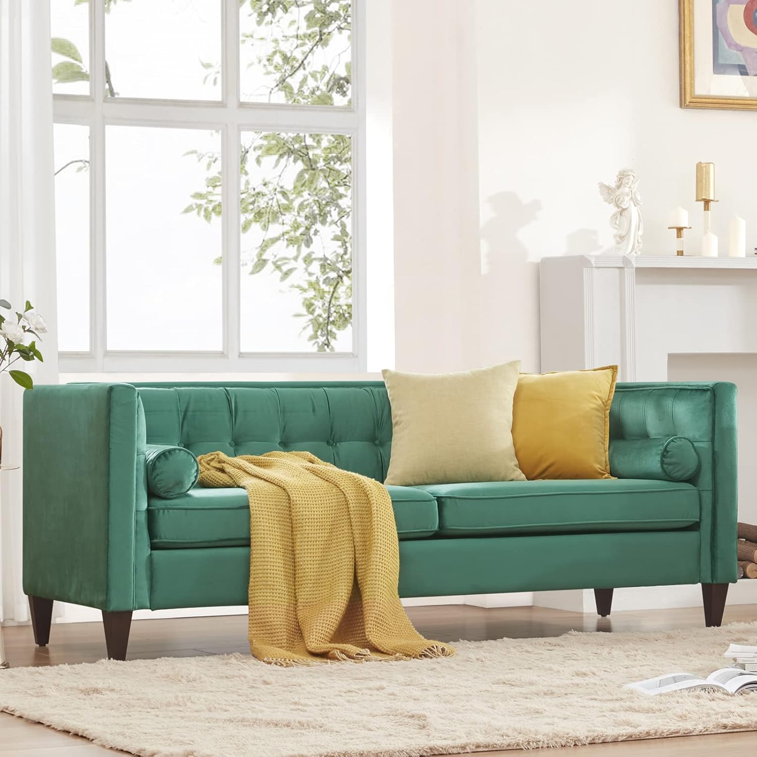 Green Velvet Sofa with Bolster Pillows K3856